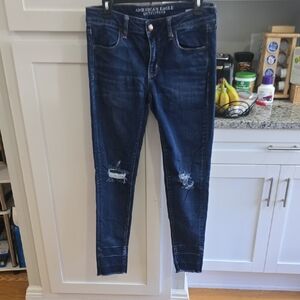American Eagle Outfitters Women's Dark Blue Ripped Skinny Jeans